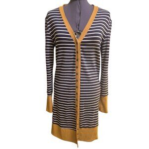 Striped Long Cardigan Sweater With Mustard Trim L/XL